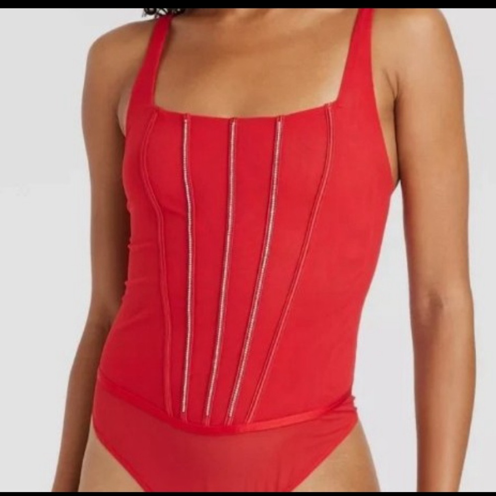 AUDEN Intimates Sheer Mesh Rhinestone
Studded Thong Lingerie Bodysuit Red
NWT M